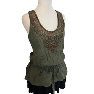 TwentyOne‎ Olive Green Beaded Embellished Drawstring Tunic Top Women S/P